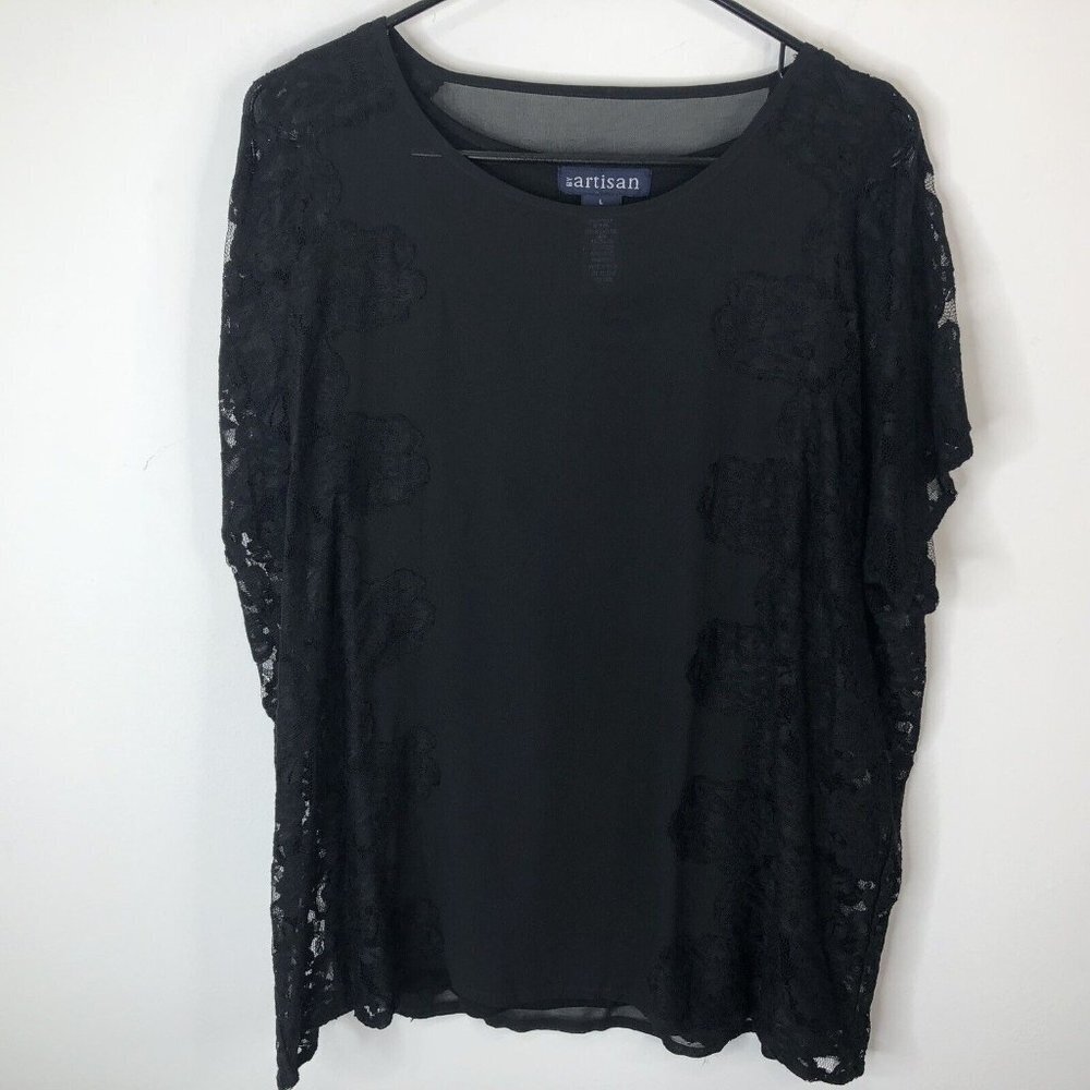 Artisan Womens Tank Top with Lace Overlay Blouse Size Large Short Sleeve Black